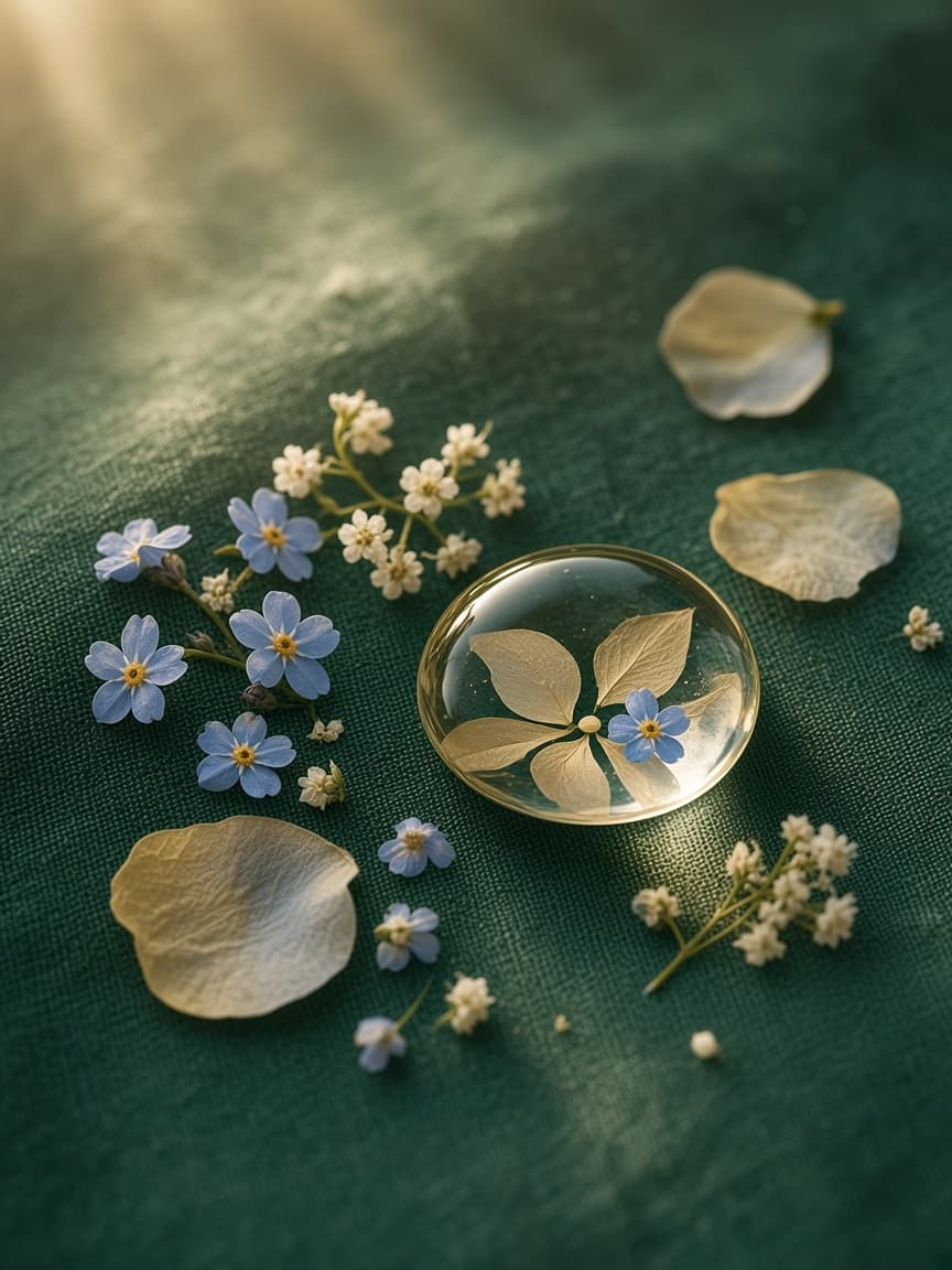 Flores secas e uma gota de resina sobre linho verde-profundo